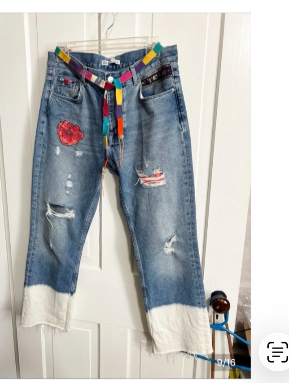 ZARA • Boho Embellished Bleached Cuff Distressed Jeans w. Bead & Floral Detail - Picture 3 of 16